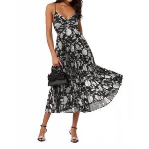 NEW ASTR saoirse metallic pleated midi dress in black silver